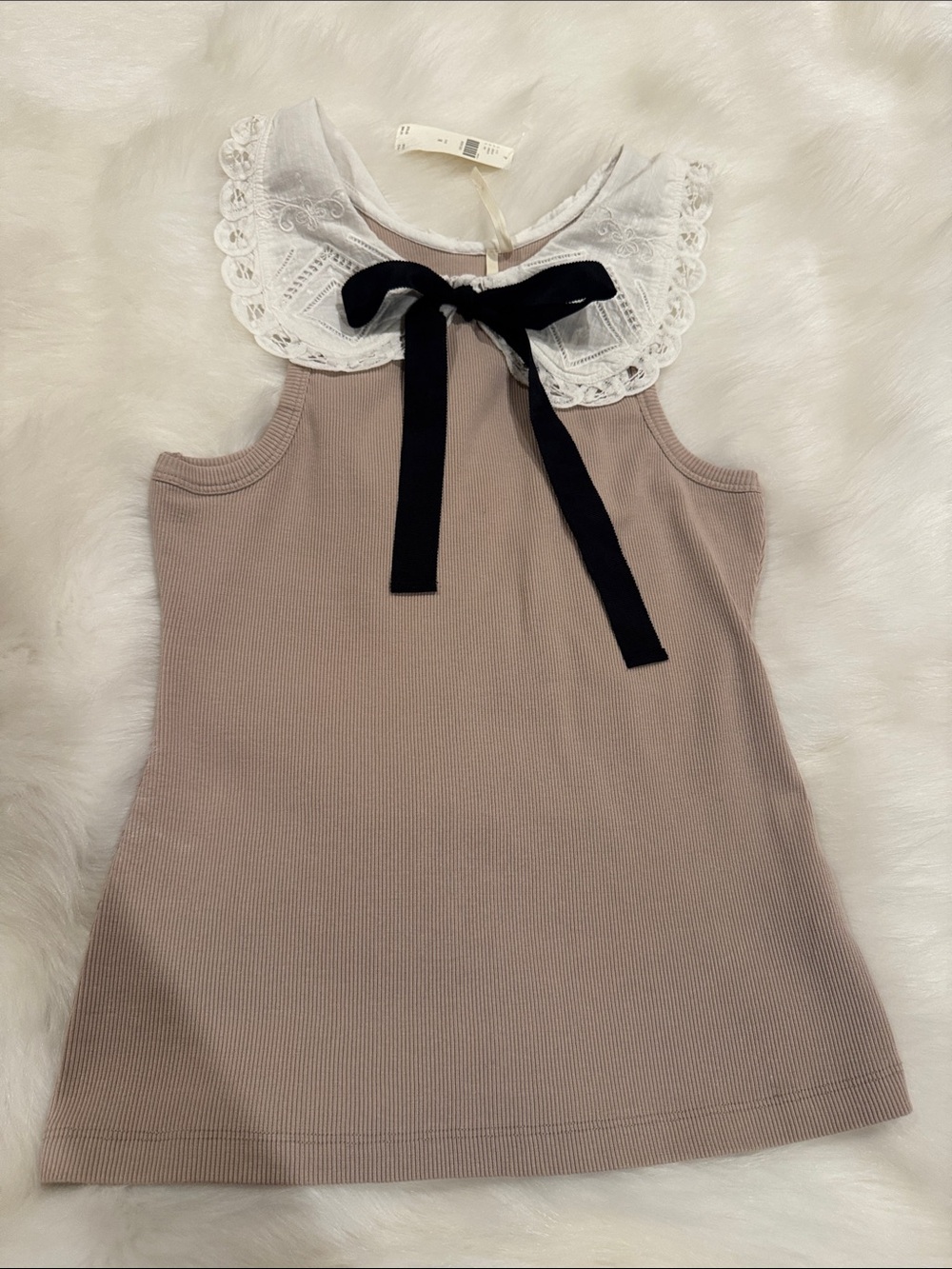 NWT! Anthropologie Taupe Ribbed Tank with White Lace Collar & Black Ribbon